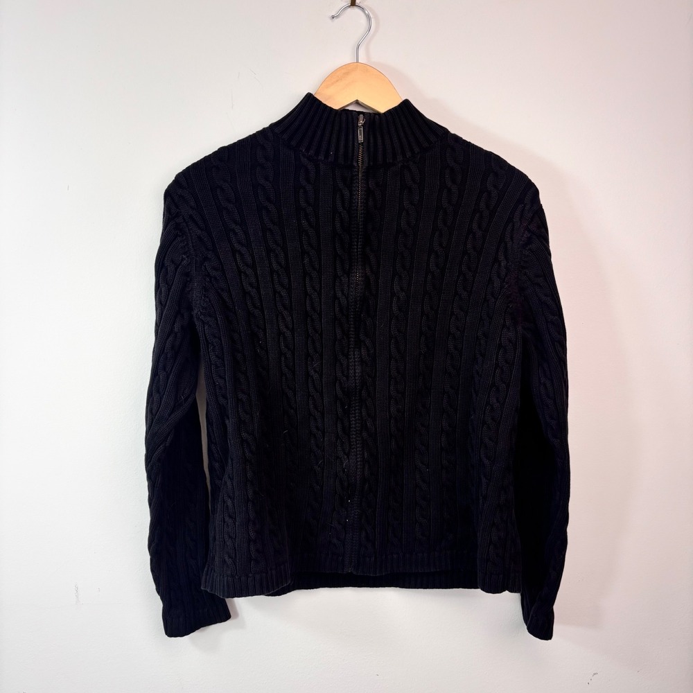 L.L.Bean Black Cable Knit Full Zip Sweater Large Cotton Fisherman Grandpa Core